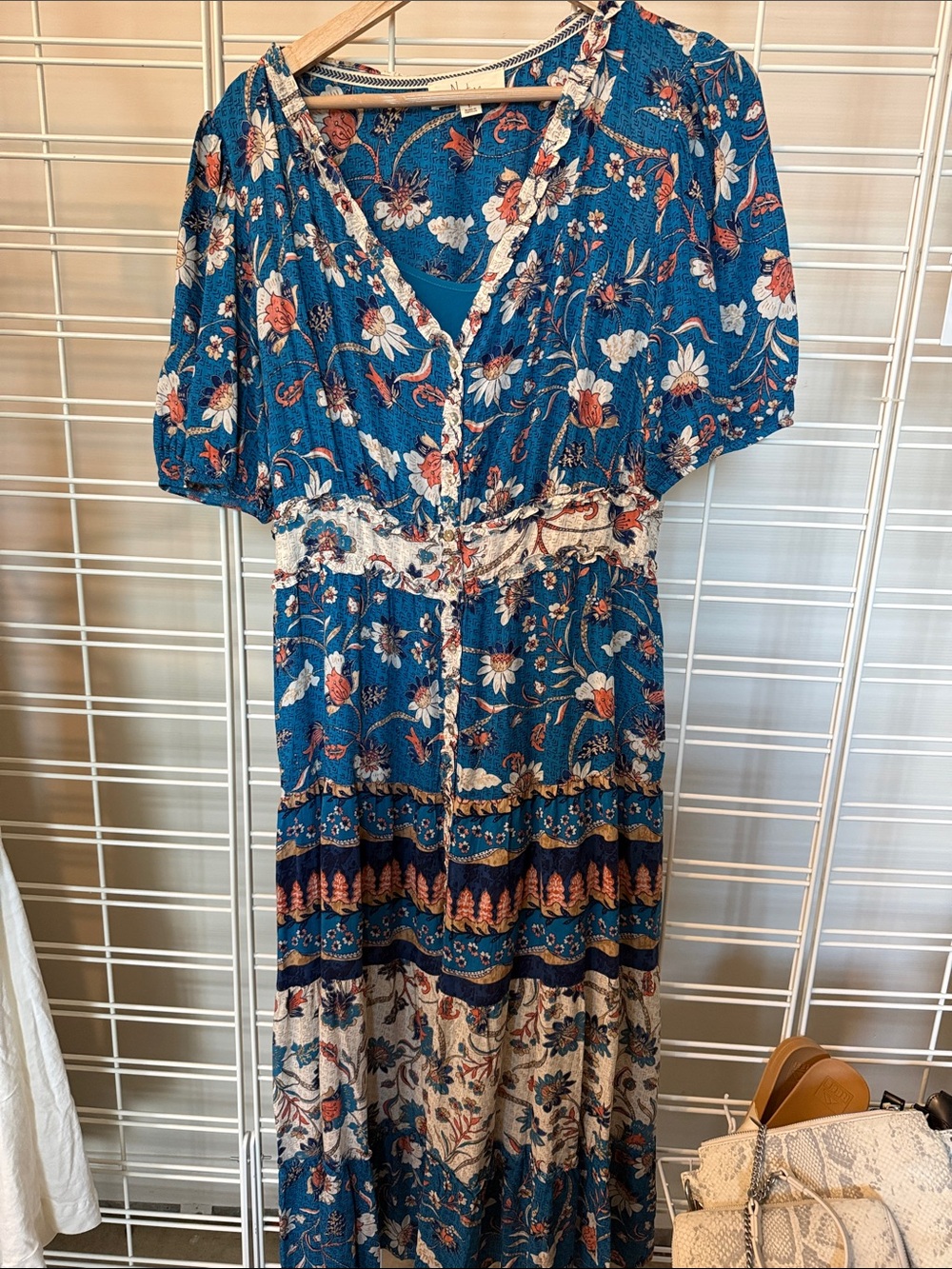 Teal Blue Floral Button-Front Maxi Dress